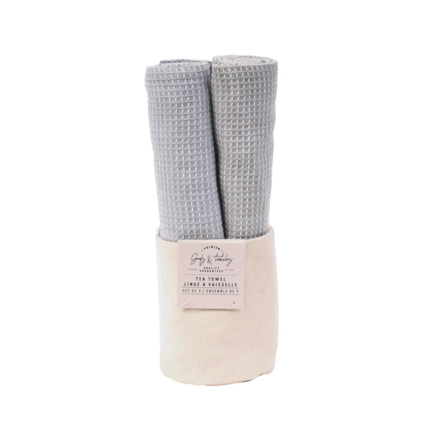 Calvin Two-Tone Tea Towel Set of 3 In Canvas Tote - Grey