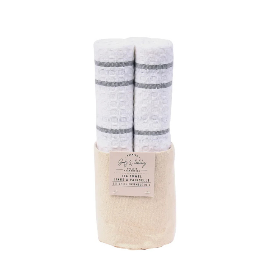 Calvin Stripe Tea Towel Set of 3 In Canvas Tote - Grey